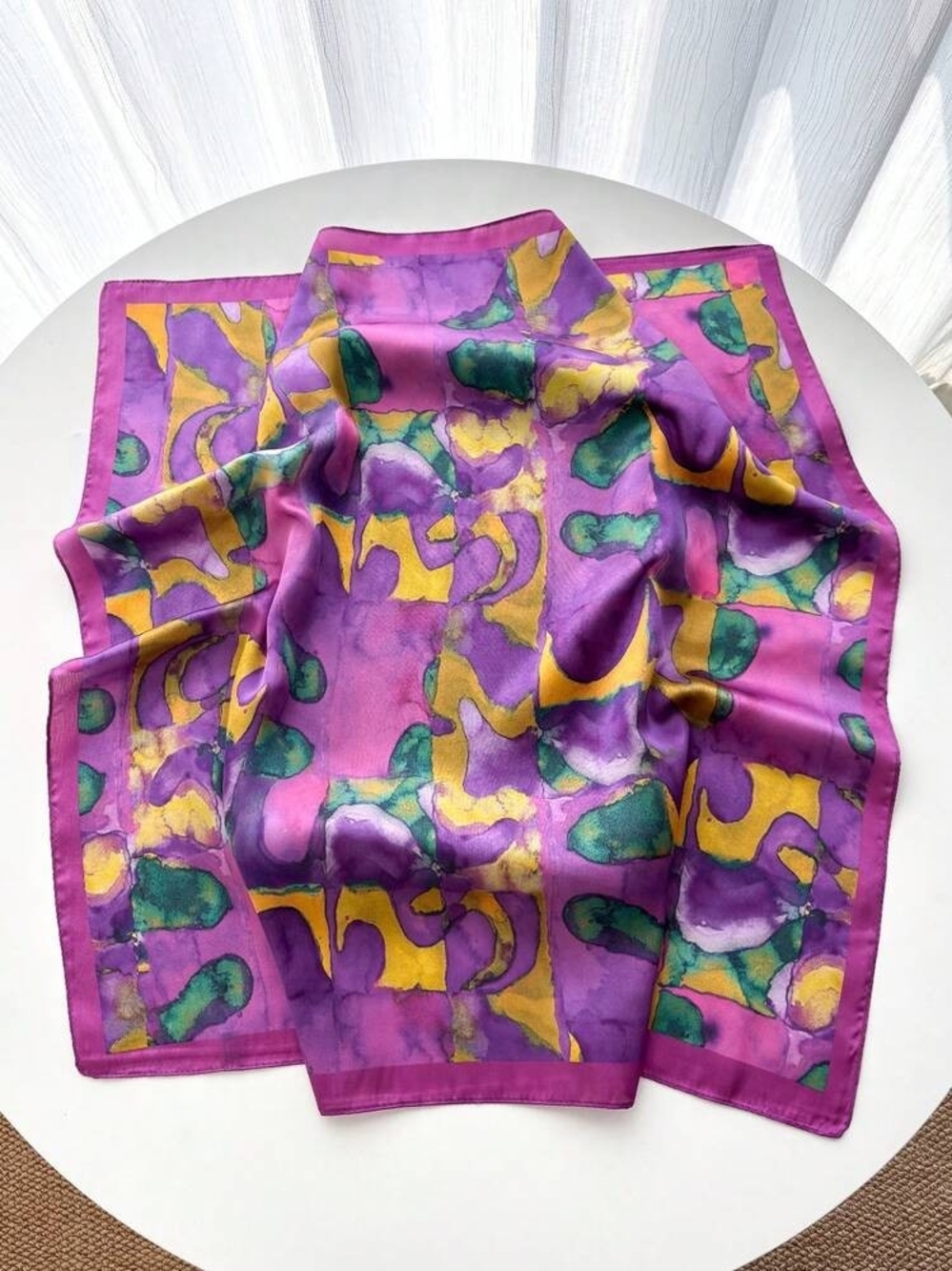 Silk-feel Purple Scarf with Yellow & Green Abstract 70*70cm